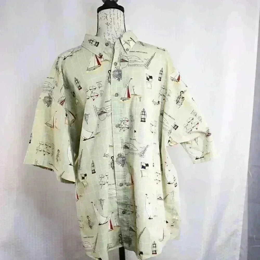 Puritan size 3XL 100% cotton nautical theme short sleeve button down shirt tan - Picture 1 of 16